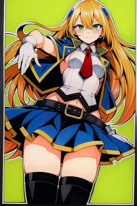 (highres, absurdres, best quality, masterpiece:1.0), (traditional media:1.2), solo, noel vermillion, green eyes, blonde hair, long hair, ((black thighhighs)), blue skirt, collared shirt, white shirt, white gloves, <lora:noel vermillion chronophantasma:1.0> pi