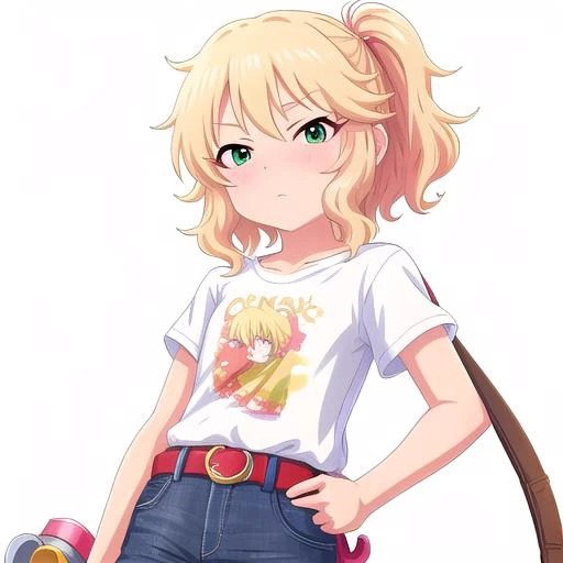 2D, anime, anime coloring, (solid white background:1.3) Sakurai Momoka, blonde hair, green eyes, short hair, blush, wavy hair, pony tail, looking at viewer, stand, hand own hips, white shirt, t-shirt, belt, denim shorts, shorts rolled,
<lora:deresutev1.2:1>