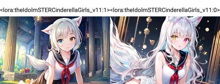 multicolored background, ,masterpiece,1girl,solo,apple, all_fours,underground,sailor dress, (gray-white hair), (large wavy curls), (wolf ears), (cute), (wolf tail)(heterochromia_golden_red:1.3),(golden eye:1.1),(red eye:1.1),(alluring), (mystical), (enchanting), (magical),small breasts,
<lora:theIdolmSTERCinderellaGirls_v11:1>