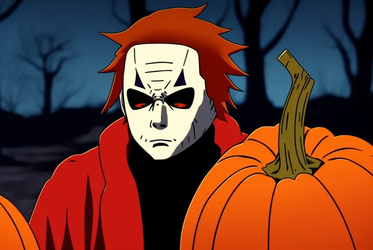 portrait anime style of michael myers, knife, halloween atmosphere, pumpkin, dvd screengrab from 1980s dark anime film