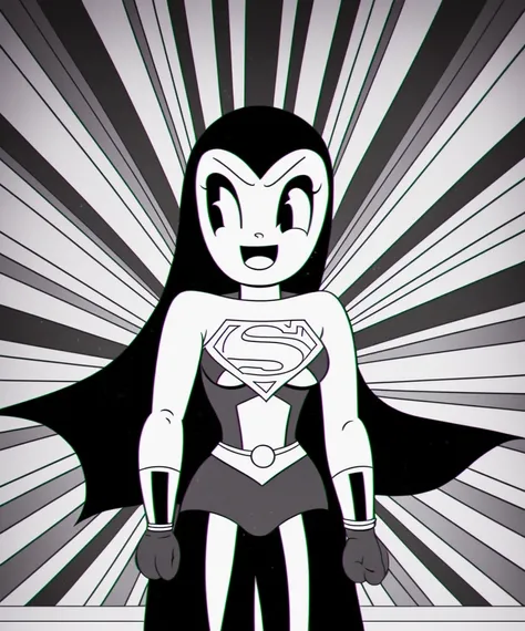 black and white ocds style of a close portrait of (superman:0.9) as a girl, super woman , fleischer studios, high detailed, 4k