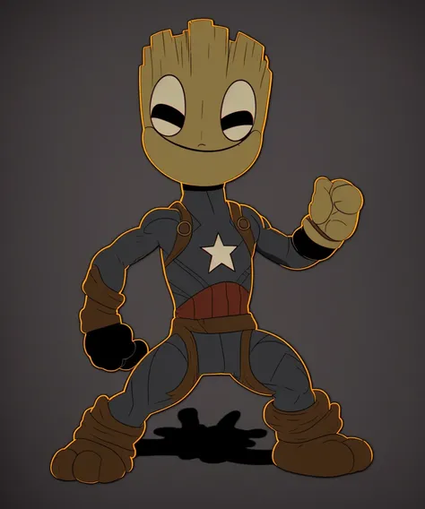 black and whte (ocds:1.3) style of a close portrait of baby groot mix captain america, fleischer studios, high detailed, 4k