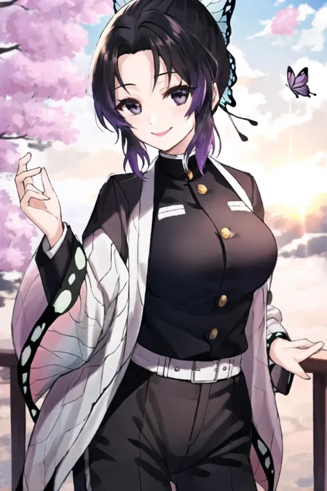 1girl, bangs, black hair, black jacket, black pants, large breasts,  butterfly hair ornament,gradient hair,hair ornament,jacket,haori,japanese clothes,(kochou shinobu), long sleeves, multicolored hair,  pants, parted bangs, purple eyes, purple hair, short hair, smile, solo,  two-tone hair, uniform, outdoors,leaning on railing, lens flare,sunset,sunbeams, <lora:shinobu_v1:1>