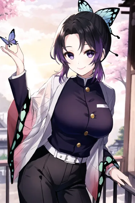 1girl,  bangs, black hair, black pants, large breasts,  butterfly hair ornament,gradient hair, hair ornament,  jacket, haori,japanese clothes,(kochou shinobu), long sleeves, multicolored hair,  pants, parted bangs, purple eyes, purple hair, short hair, smile, solo,  two-tone hair, uniform, outdoors,leaning on railing, arching,lens flare,sunset,sunbeams, <lora:shinobu_v1:0.8>