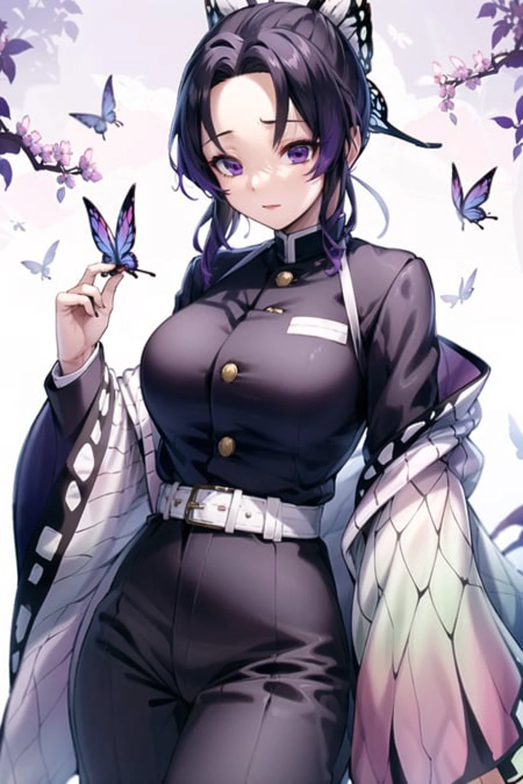 1girl,masterpiece,(kochou shinobu) (best quality:1.2),( Kochou Shinobu), multicolored hair, long sleeves, purple eyes, black jacket, high waist black pants, uniform, white haori, Japanese clothes, multiple butterflies, buttons, belt, lake, sunset, lens flare, perfect lighting, highest quality, hands behind, thick thighs, large breasts,<lora:shinobu_v1:0.9>