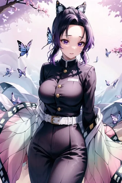 1girl,masterpiece,(kochou shinobu) (best quality:1.2),( Kochou Shinobu), multicolored hair, long sleeves, purple eyes, black jacket, high waist black pants, uniform, white haori, Japanese clothes, multiple butterflies, buttons, belt, lake, sunset, lens flare, perfect lighting, highest quality, hands behind, thick thighs, large breasts,<lora:shinobu_v1:0.8>