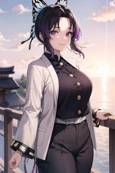 1girl, bangs, black hair, black pants, large breasts, butterfly hair ornament, gradient hair, hair ornament, jacket, haori, Japanese clothes,(kochou shinobu), thick thighs, sensual body, long sleeves, multicolored hair, pants, parted bangs, purple eyes, purple hair, short hair, smile, solo, two-tone hair, uniform, outdoors, leaning on the railing, arching, lens flare, sunset, sunbeams, perfect lighting, masterpiece, highest quality, hands behind, barehanded, <lora:shinobu_v1:0.7>