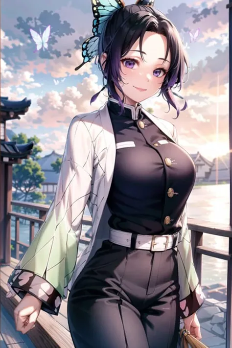 11girl, bangs, black hair, black pants, large breasts, butterfly hair ornament,gradient hair, hair ornament, jacket, haori,japanese clothes,(kochou shinobu), long sleeves, multicolored hair, pants, parted bangs, purple eyes, purple hair, short hair, smile, solo, two-tone hair, uniform, outdoors,leaning on railing, arching,lens flare,sunset, sunbeams, perfect lighting, masterpiece, highest quality.<lora:shinobu_v1:0.8>