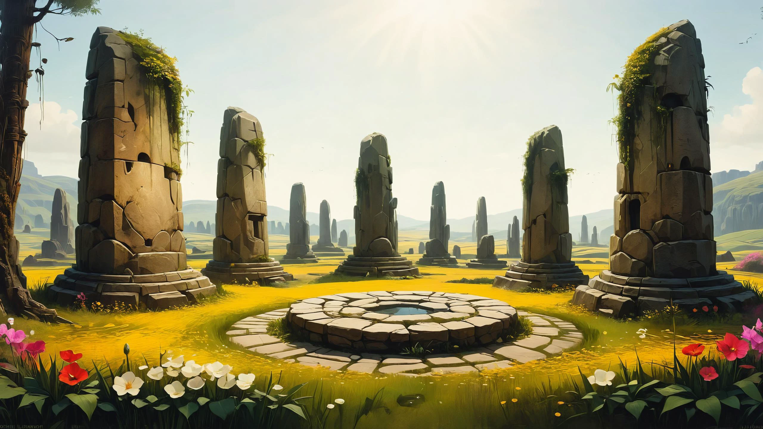 photorealistic detailed digital illustration of a circle of madhxg standing stones, Floating gardens adorned with exotic flowers in the background,, AshleyWoodArtAI Beeple, by Artgerm, DeviantArtArtArtArt, by WLOP, by Andrei Riabovitchev, Marc Simonetti, yoshitaka Amano, ArtStation, CGsociety, high light <lora:Colorful_Hexadons_SDXL:1> <lora:SDXLFaeTastic2400:0.8> <lora:AshleyWoodArtAIcc:0.7>