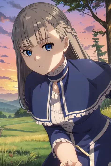 lawine, <lora:lawine-alpha-lora-nochekaiser:1>,
lawine, long hair, bangs, blue eyes, brown hair, braid, low-tied long hair,
BREAK long sleeves, dress, frills, capelet, blue dress, blue capelet,
BREAK outdoors, forest, nature, grass, sky, sun, clouds,
BREAK looking at viewer, (cowboy shot:1.5),
BREAK <lyco:GoodHands-beta2:1>, (masterpiece:1.2), best quality, high resolution, unity 8k wallpaper, (illustration:0.8), (beautiful detailed eyes:1.6), extremely detailed face, perfect lighting, extremely detailed CG, (perfect hands, perfect anatomy),