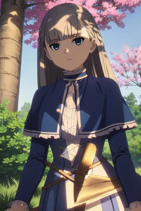 lawine, <lora:lawine-alpha-lora-nochekaiser:1>,
lawine, long hair, bangs, blue eyes, brown hair, braid, low-tied long hair,
BREAK long sleeves, dress, frills, capelet, blue dress, blue capelet,
BREAK outdoors, forest, nature, grass, sky, sun, clouds,
BREAK looking at viewer, (cowboy shot:1.5),
BREAK <lyco:GoodHands-beta2:1>, (masterpiece:1.2), best quality, high resolution, unity 8k wallpaper, (illustration:0.8), (beautiful detailed eyes:1.6), extremely detailed face, perfect lighting, extremely detailed CG, (perfect hands, perfect anatomy),