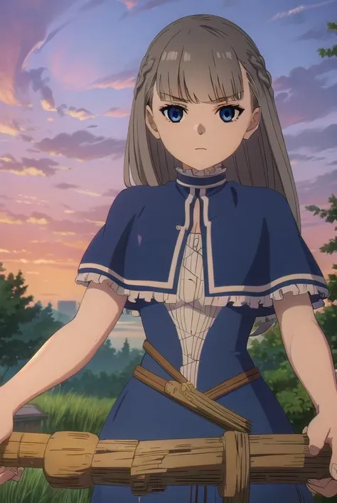 lawine, <lora:lawine-alpha-lora-nochekaiser:1>,
lawine, long hair, bangs, blue eyes, brown hair, braid, low-tied long hair,
BREAK long sleeves, dress, frills, capelet, blue dress, blue capelet,
BREAK outdoors, forest, nature, grass, sky, sun, clouds,
BREAK looking at viewer, (cowboy shot:1.5),
BREAK <lyco:GoodHands-beta2:1>, (masterpiece:1.2), best quality, high resolution, unity 8k wallpaper, (illustration:0.8), (beautiful detailed eyes:1.6), extremely detailed face, perfect lighting, extremely detailed CG, (perfect hands, perfect anatomy),