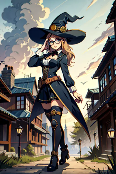 masterpiece, best quality, absurdres, 8k, BREAK, a (steampunk) witch walking in garden, glasses, (full body shot), dynamic action pose, BREAK, HDR, muted colors, soft lights, <lora:EnvyPaintingMix01:0.5>