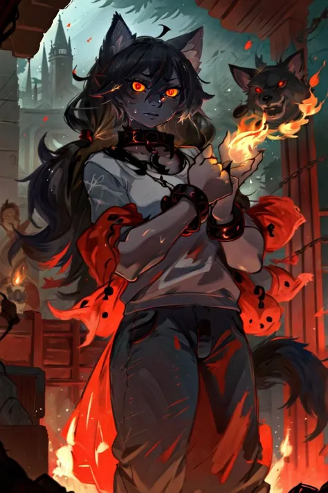 ((best quality)), ((highly detailed)), masterpiece, (detailed eyes, deep eyes), (1girl), cowboy shot, ((sweatpants)), <lora:hairdetailer:.7>, <lora:aiomonstergirls_loraLocon:.8>, (hellhound), colored skin, smoky grey colored skin:1.33, wolf ears, black fur, white hair, flame eyes, orange eyes, ((glowing eyes)), dog collar, chain leash, chains, shackles, monster girl, (in a castle), <lora:EnvyPaintingMix01:1>