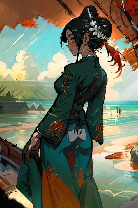 from behind, (masterpiece, best_quality, ultra-detailed, immaculate:1.3), epic, illustration, welcoming, 1girl, scientist, bright black hair with green highlights, Razor Cut, (full body:0.5), [:revealing costume design:0.2], chinese, gradient background, on a American beach, bombshell hair, copper hair, very long hair,Tri-Braided Bun, lying<lyco:EnvyPaintingMix01:1>