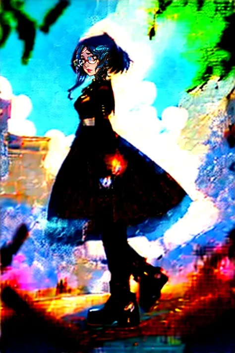 masterpiece, best quality, absurdres, 8k, BREAK, a (steampunk) witch walking in garden, glasses, (full body shot), dynamic action pose, BREAK, HDR, muted colors, soft lights, <lora:EnvyPaintingMix01:1.5>