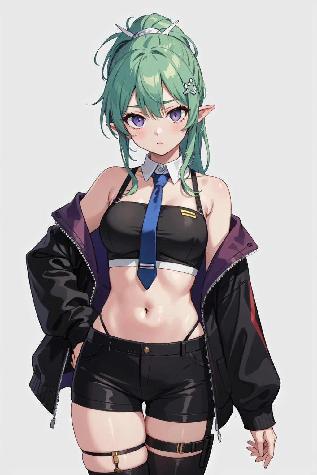 (masterpiece, best quality), intricate details,
1girl, <lora:finana2-10:0.8> finana, head fins, ponytail, green hair, midriff, black pants, navel, long hair, looking at viewer, crop top, black jacket, off shoulder, collared shirt, cowboy shot, purple shirt, hand on hip, necktie, hair ornament, medium breasts, bangs, long sleeves, thigh strap, black necktie, sneakers, black footwear,