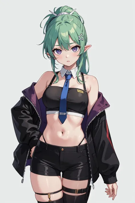 (masterpiece, best quality),  intricate details, 
1girl,  <lora:finana2-10:0.8> finana, head fins, ponytail, green hair, midriff, black pants, navel, long hair, looking at viewer, crop top, black jacket, off shoulder, collared shirt, cowboy shot, purple shirt, hand on hip, necktie, hair ornament, medium breasts, bangs, long sleeves, thigh strap, black necktie, sneakers, black footwear,