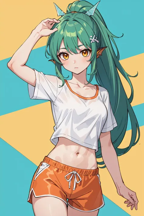 (masterpiece, best quality),  intricate details, 
1girl,  <lora:finana2-10:0.8> finana, (head fins:1.2), ponytail, green hair, long hair, looking at viewer,  cowboy shot hair ornament, medium breasts, bangs,
 <lora:femboy-hooters:0.8> femboy hooters, short shorts, croptop, white shirt, orange shorts, bulge, abs,