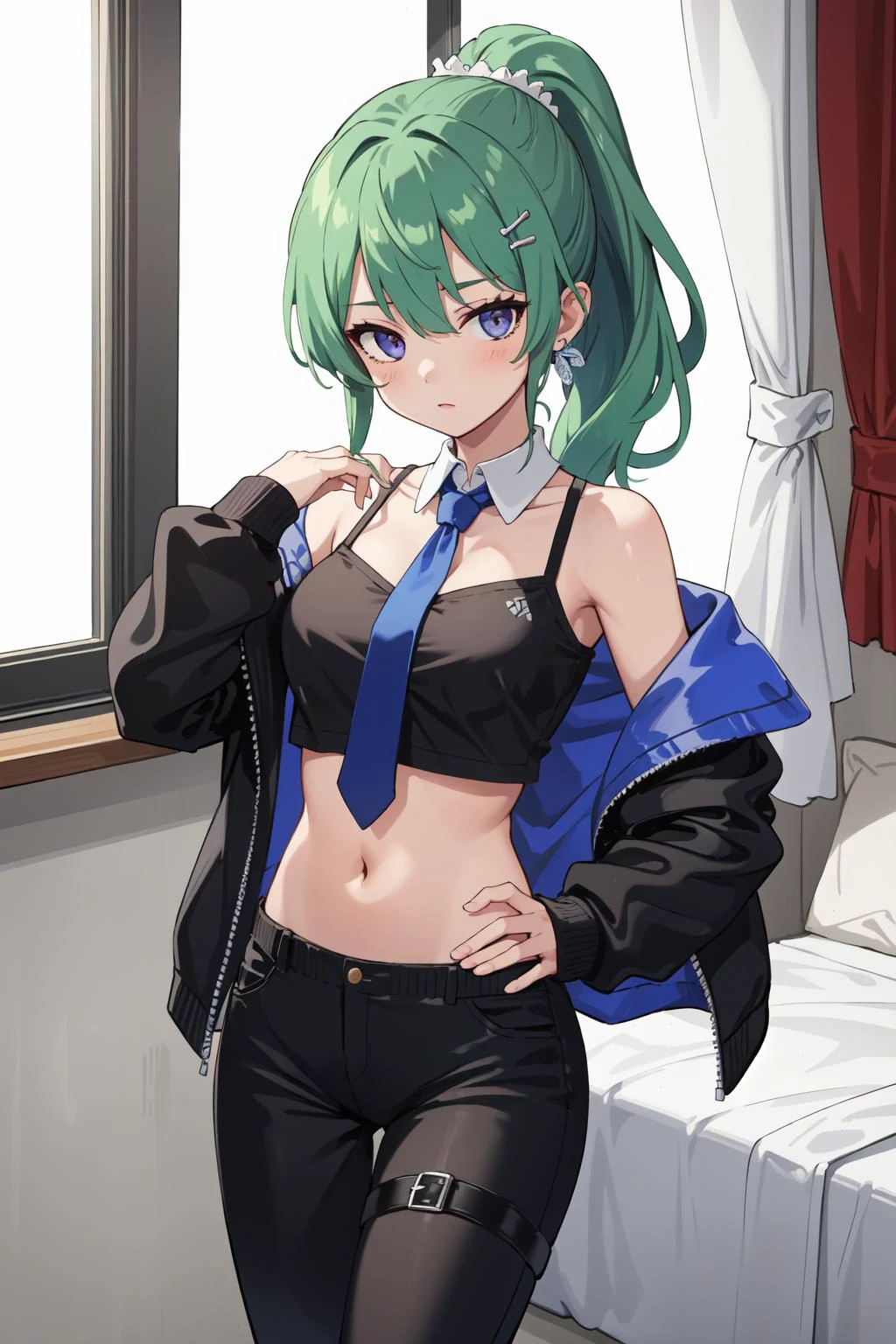 (masterpiece, best quality), intricate details,
1girl, <lora:finana2-10:0.8> finana, head fins, ponytail, green hair, midriff, black pants, navel, long hair, looking at viewer, crop top, black jacket, off shoulder, collared shirt, cowboy shot, purple shirt, hand on hip, necktie, hair ornament, medium breasts, bangs, long sleeves, thigh strap, black necktie, sneakers, black footwear,
bedroom, window, nightime,