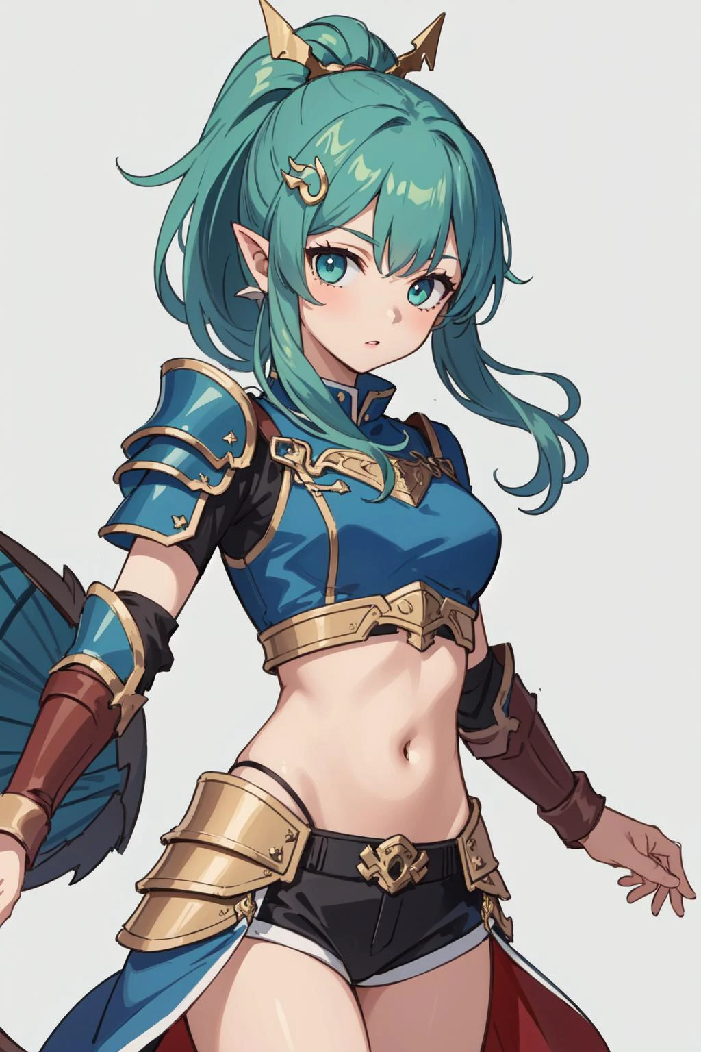 (masterpiece, best quality), intricate details,
1girl, <lora:finana2-10:0.8> finana, (head fins:1.2), ponytail, green hair, midriff, , navel, long hair, looking at viewer, crop top, cowboy shot hair ornament, medium breasts, bangs,
<lora:Anjanath-000027:1> anjanath (armor),