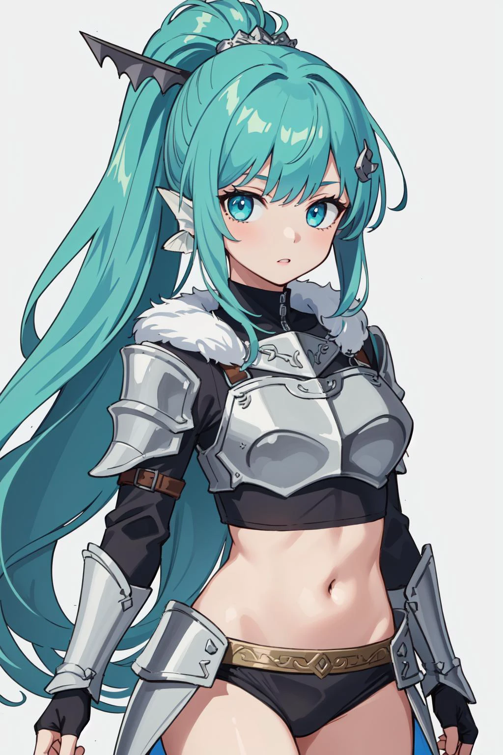 (masterpiece, best quality), intricate details,
1girl, <lora:finana2-10:0.8> finana, (head fins:1.2), ponytail, green hair, midriff, , navel, long hair, looking at viewer, crop top, cowboy shot hair ornament, medium breasts, bangs,
<lora:Faraam:0.8> DS2Faraam, steel armor, pauldron, gauntlet, fur trim,