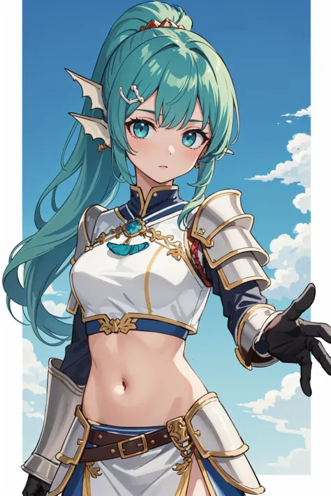 (masterpiece, best quality),  intricate details, 
1girl,  <lora:finana2-10:0.8> finana, (head fins:1.2), ponytail, green hair, midriff, , navel, long hair, looking at viewer, crop top, cowboy shot hair ornament, medium breasts, bangs,
 <lora:Anjanath-000027:0.8> anjanath (armor),