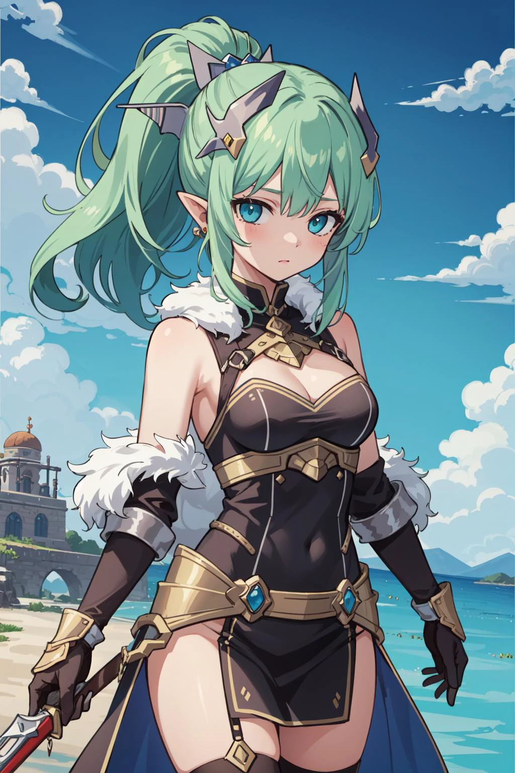 (masterpiece, best quality), intricate details,
1girl, <lora:finana2-10:0.8> finana, (head fins:1.2), ponytail, green hair, long hair, looking at viewer, cowboy shot hair ornament, medium breasts, bangs,
<lora:Faraam:0.8> DS2Faraam, steel armor, pauldron, gauntlet, fur trim,