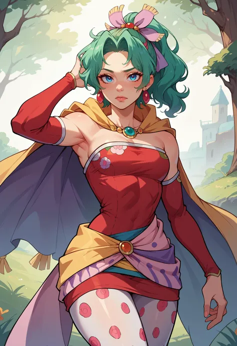 score_9, score_8_up, score_7_up, score_6_up,score_5_up,score_4_up, BREAK tina branford, green hair, ponytail, hair ribbon, earrings, cape, red dress, strapless, detached sleeves, clothes around waist, print legwear <lora:tinabranford-pdxl-nvwls-v1:0.8>