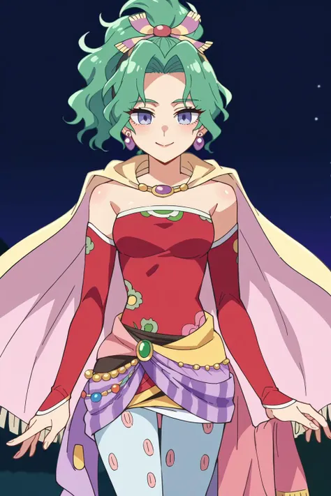 score_9, score_8_up, score_7_up, score_6_up, score_5_up, score_4_up, BREAK source_anime,smile,anime screencap,rating_explicit,
tina branford, green hair, ponytail, hair ribbon, earrings, cape, red dress, strapless, detached sleeves, clothes around waist, print legwear, <lora:tinabranford-pdxl-nvwls-v1:1>