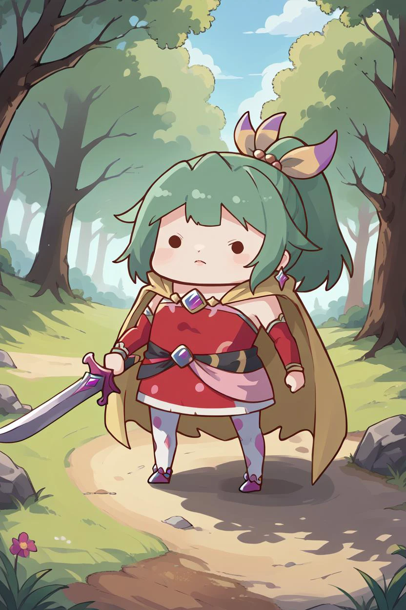 score_9, score_8_up, source_anime, 1girl, solo BREAK <lora:Phdpigeon_XLPD:1.2> chibi, dot eye <lora:tinabranford-pdxl-nvwls-v1:0.8> tina branford, green hair, ponytail, hair ribbon, earrings, cape, red dress, strapless, detached sleeves, clothes around waist, print legwear, forest, holding sword