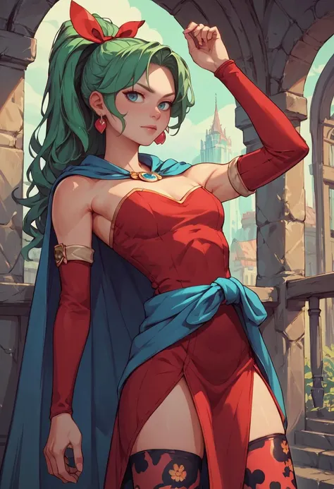 score_9, score_8_up, score_7_up, score_6_up, BREAK source_anime, rating_explicit, solo, <lora:tinabranford-pdxl-nvwls-v1:.1> tina branford, green hair, ponytail, hair ribbon, earrings, cape, red dress, strapless, detached sleeves, clothes around waist, print legwear