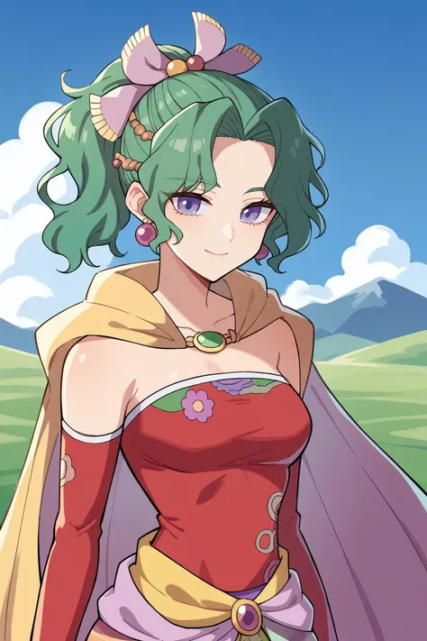 score_9, score_8_up, source_anime, 1girl, solo BREAK  <lora:tinabranford-pdxl-nvwls-v1-000006:1> tina branford, green hair, ponytail, hair ribbon, earrings, cape, red dress, strapless, detached sleeves, clothes around waist, print legwear, looking at viewer, blue sky, clouds, mountains, fields, upper body, light smile, closed mouth