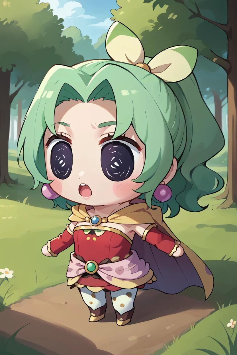 score_9, score_8_up, source_anime, 1girl, 1boy BREAK <lora:style_beegsmol_ponyXL:1> chibi <lora:tinabranford-pdxl-nvwls-v1:0.8> tina branford, green hair, ponytail, hair ribbon, earrings, cape, red dress, strapless, detached sleeves, clothes around waist, print legwear, open mouth, forest