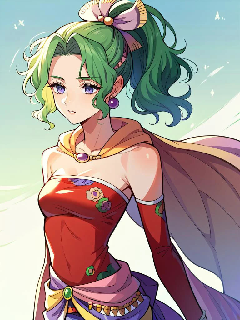 score_9, score_8_up, score_7_up, score_6_up, score_5_up, score_4_up, source_anime, BREAK
1girl, tina branford, green hair, ponytail, hair ribbon, earrings, cape, red dress, strapless, detached sleeves, clothes around waist, print legwear
<lora:tinabranford-pdxl-nvwls-v1:1>