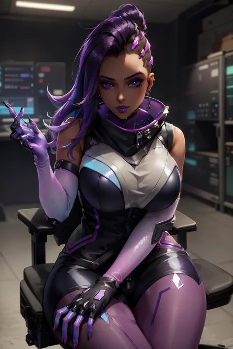 (masterpiece, best quality, ultra detailed, absurdres)1.5, 1girl, (sexy, beautiful woman, perfect face, perfect eyes, perfect female body, huge breasts)1.5, (sombraover, sombra \(overwatch\), dark skin, dark-skinned female, long hair, multicolored hair, two-tone hair, purple hair, mole under eye, eyeshadow, lipstick, high collar, gloves, holographic interface, earrings, jewelry, fingerless gloves, stud earrings, long fingernails, <lora:SombraOver:0.7>), (sitting on an office chair, inside a server room, science fiction), perfect lighting, smooth, hdr