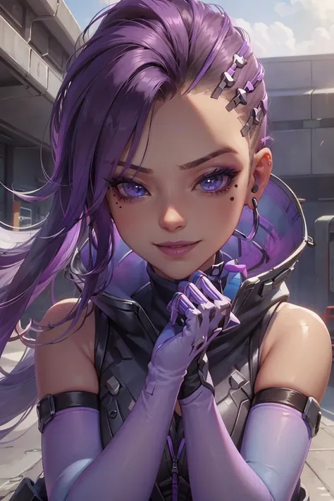SombraOver,1girl,solo,asymmetrical hair,dark skin,dark-skinned female,mole,makeup,purple hair,purple lips,gloves,elbow gloves,smile,mole under eye,undercut,lipstick,purple gloves,purple eyes,eyeshadow,looking at viewer,upper body,two-tone hair,earrings,multicolored hair,jewelry,mascara,blue eyes,eyeliner,high collar,bare shoulders,outdoors,<lora:SombraOver:0.7>,