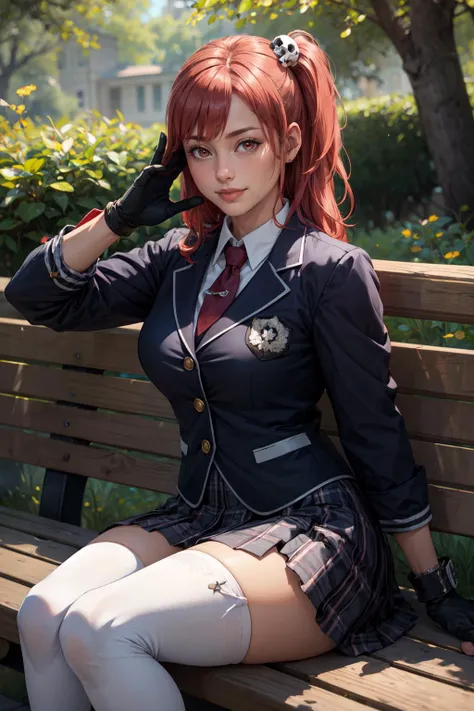 (masterpiece, best quality, 4k, detailed, intricate, realistic),outside,bench,sitting,dappled sunlight,1girl, honoka, one side up, skull hair ornament,school uniform, jacket, necktie, single glove, black gloves, plaid skirt, white thighhighs,slight smile <lora:doa_honoka:0.8>