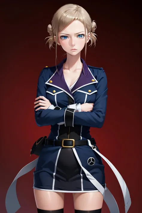 (masterpiece, best quality:1.2), <lyco:k_awashima-10:1.0>, cowboy shot, solo, 1girl, awashima seri, expressionless, closed mouth, looking at viewer, crossed arms, blue eyes, uniform, thighhighs