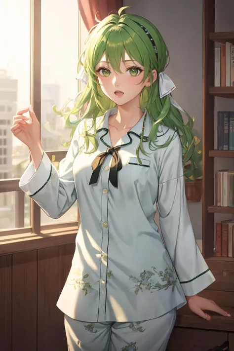 ultra detailed, sharp focus, best quality, masterpiece, colorful, <lora:misha-fe-richy-v1:1> misha, headband, pajamas, yawning, green hair, (messy hair:1.3), medium hair, volumetric lighting, best quality, masterpiece, intricate details