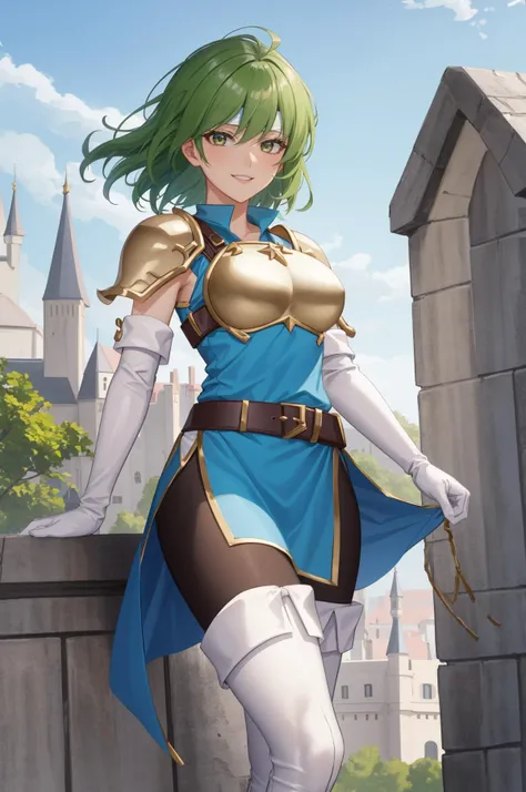masterpiece, best quality, looking at viewer, mature female, large breasts, golden armour, castle background, outdoors, smirk, <lora:misha-fe-richy-v1:1> misha, headband, shoulder armor, breastplate, elbow gloves, dress, belt, black tights, white thigh boots, messy hair, medium hair