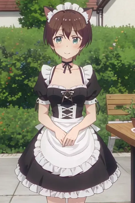 best quality, masterpiece, highres, solo, {shinoda_hajime_newgame:1.15}, brown_hair, short_hair, green_eyes, blush, collarbone, smile, animal_ears, cat_ears, choker, maid, maid_headdress, enmaided, 1girl, fake_animal_ears, alternate_costume, sweatdrop, apron