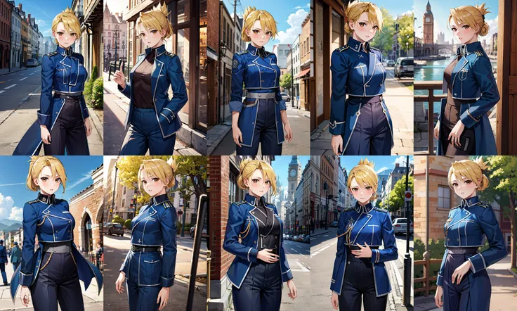 masterpiece, best quality, highres, 1girl, hmriza, folded ponytail, brown eyes, medium breasts, military uniform, blue jacket, blue pants, <lora:riza_hawkeye_v1:0.7>, standing, cowboy shot, outdoors, looking at viewer,