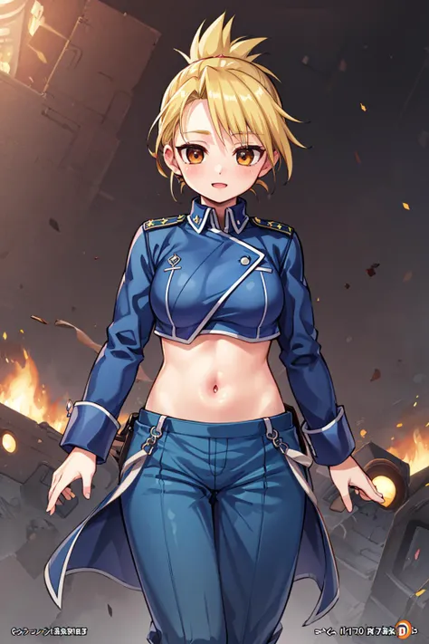 ((masterpiece)), (best quality), official art, extremely detailed CG, unity 8k wallpaper, ultra detailed, highly detailed, detailed background, vivid color,
1girl, hmriza, folded ponytail, brown eyes, medium breasts, military uniform, blue jacket, blue pants,
navel, happy,
<lora:riza_hawkeye_v1:0.7>