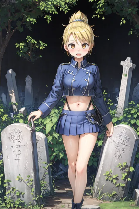 ((masterpiece)), (best quality), official art, extremely detailed CG, unity 8k wallpaper, ultra detailed,
1girl, hmriza, folded ponytail, brown eyes, medium breasts, military uniform, blue jacket, jacket closed, blue skirt, (miniskirt:1.3), navel, happy, open mouth, <lora:kantoku_v0.1:1>,
forgotten cemetery, weathered tombstones, overgrown foliage, silent memories, <lora:riza_hawkeye_v1:0.7>