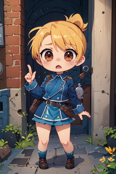 ((masterpiece)), (best quality), official art, extremely detailed CG, unity 8k wallpaper, ultra detailed,
1girl, hmriza, folded ponytail, brown eyes, medium breasts, military uniform, blue jacket, blue skirt, belt, (miniskirt:1.3), (chibi:1.3), surprised, anime girl,
quiet alleyway, cobblestones, quaint shops, hidden gem, <lora:riza_hawkeye_v1:0.7>