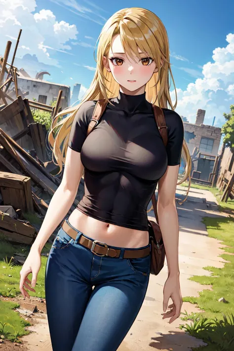 masterpiece, best quality, highres, 1girl, hmriza, long hair, brown eyes, medium breasts, black shirt, tight shirt, holster, short sleeves, belt, covered navel, blue pants, <lora:riza_hawkeye_v1:0.7>, cowboy shot, outdoors, ruins, cowboy shot