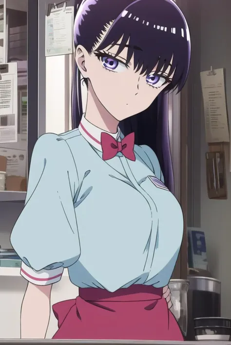 akiratachibana, <lyco:akiratachibana-lyco-nochekaiser:1>,
akira tachibana, long hair, bangs, black hair, (purple eyes:1.1),
BREAK skirt, shirt, bow, ponytail, short sleeves, puffy sleeves, bowtie, uniform, apron, red bow, blue shirt, waist apron, waitress, employee uniform,
BREAK looking at viewer,
BREAK indoors,
BREAK <lora:GoodHands-vanilla:1>, (masterpiece:1.2), best quality, high resolution, unity 8k wallpaper, (illustration:0.8), (beautiful detailed eyes:1.6), extremely detailed face, perfect lighting, extremely detailed CG, (perfect hands, perfect anatomy),