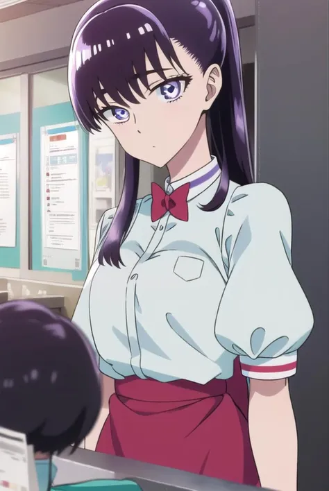 akiratachibana, <lyco:akiratachibana-lyco-nochekaiser:1>,
akira tachibana, long hair, bangs, black hair, (purple eyes:1.1),
BREAK skirt, shirt, bow, ponytail, short sleeves, puffy sleeves, bowtie, uniform, apron, red bow, blue shirt, waist apron, waitress, employee uniform,
BREAK looking at viewer,
BREAK indoors,
BREAK <lora:GoodHands-vanilla:1>, (masterpiece:1.2), best quality, high resolution, unity 8k wallpaper, (illustration:0.8), (beautiful detailed eyes:1.6), extremely detailed face, perfect lighting, extremely detailed CG, (perfect hands, perfect anatomy),