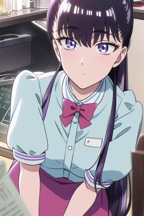 akiratachibana, <lyco:akiratachibana-lyco-nochekaiser:1>,
akira tachibana, long hair, bangs, black hair, (purple eyes:1.1),
BREAK skirt, shirt, bow, ponytail, short sleeves, puffy sleeves, bowtie, uniform, apron, red bow, blue shirt, waist apron, waitress, employee uniform,
BREAK looking at viewer,
BREAK indoors,
BREAK <lora:GoodHands-vanilla:1>, (masterpiece:1.2), best quality, high resolution, unity 8k wallpaper, (illustration:0.8), (beautiful detailed eyes:1.6), extremely detailed face, perfect lighting, extremely detailed CG, (perfect hands, perfect anatomy),